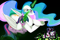 Size: 1000x667 | Tagged: safe, artist:ciscoql, princess celestia, queen chrysalis, twilight sparkle, alicorn, changeling, pony, unicorn, g4, broken, disguise, disguised changeling, fake twilight, magic, mind control, shattered