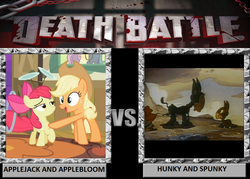 Size: 1008x720 | Tagged: safe, apple bloom, applejack, g4, death battle, hunky and spunky