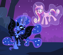 Size: 2300x2000 | Tagged: safe, artist:mintatheena, nightmare moon, princess cadance, princess luna, alicorn, pony, g4, duo, duo female, female, levitation, magic, mare, telekinesis