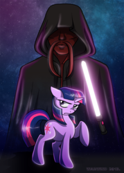 Size: 714x1000 | Tagged: safe, artist:warwind, twilight sparkle, oc, pony, unicorn, g4, crossover, energy weapon, female, hooves, horn, lightsaber, mare, raised hoof, star wars, weapon