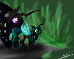 Size: 1500x1200 | Tagged: safe, artist:leasmile, queen chrysalis, oc, changeling, changeling queen, nymph, g4, changeling queen oc, cute, cutealis, duo, duo female, female, filly, filly queen chrysalis, foal, mare, mother and daughter, signature, younger