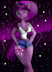 Size: 1700x2338 | Tagged: safe, artist:odiz, twilight sparkle, anthro, g4, 70s, afro, breasts, cleavage, female, skinny, thin