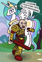 Size: 273x399 | Tagged: safe, artist:tomgrakk, princess celestia, alicorn, human, pony, g4, armor, astartes pattern baldness, blood ravens, bloody magpies, butt, carrying, chainsword, derp, duo, ethereal mane, female, frown, indrick boreale, male, mare, open mouth, plot, power armor, powered exoskeleton, space marine, spess mahreen, spread wings, unamused, warhammer (game), warhammer 40k, weapon