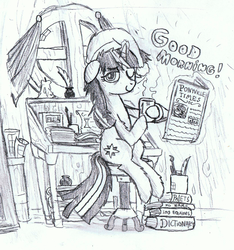 Size: 1653x1767 | Tagged: safe, artist:mrfulp, twilight sparkle, g4, female, library, monochrome, morning ponies, sketch, solo