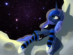 Size: 1400x1050 | Tagged: safe, artist:geekygami, princess luna, g4, clothes, female, on back, socks, solo, striped socks