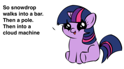 Size: 1194x668 | Tagged: safe, twilight sparkle, oc, oc:snowdrop, pony, unicorn, g4, blind joke, exploitable meme, female, filly, filly twilight sparkle, filly twilight telling an offensive joke, foal, meme, sitting, solo, we are going to hell