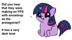 Size: 1194x668 | Tagged: safe, twilight sparkle, oc, oc:snowdrop, pony, unicorn, g4, blind joke, exploitable meme, female, filly, filly twilight sparkle, filly twilight telling an offensive joke, foal, meme, sitting, solo, we are going to hell