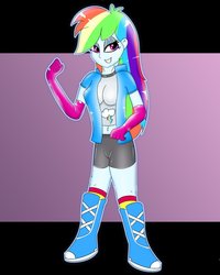 Size: 1024x1280 | Tagged: safe, artist:xorza, rainbow dash, equestria girls, g4, belly button, boots, clothes, evening gloves, female, humanized, solo