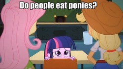 Size: 960x540 | Tagged: safe, applejack, fluttershy, twilight sparkle, equestria girls, g4, my little pony equestria girls, chair, chalkboard, desk, image macro, scared