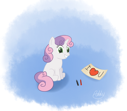 Size: 829x727 | Tagged: safe, artist:addy771, sweetie belle, pony, unicorn, g4, crayon, drawing, female, filly, foal, sitting, smiling, solo