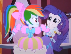 Size: 1361x1045 | Tagged: safe, screencap, rainbow dash, rarity, equestria girls, g4, my little pony equestria girls, angry, clothes, dress, puffy sleeves, rainbow dash always dresses in style, shrug, this is our big night