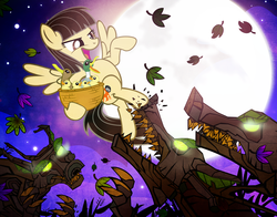 Size: 900x704 | Tagged: safe, artist:pixelkitties, wild fire, duck, mallard, pegasus, pony, timber wolf, g4, badass, basket, duckling, female, fight, flying, full moon, kicking, leaf, leaves, male, mare, moon, night, rescue, sibsy, taunting, teasing