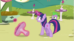 Size: 960x534 | Tagged: safe, screencap, spike, twilight sparkle, dragon, pony, unicorn, g4, too many pinkie pies, apple, butt, duo, duo male and female, female, food, glowing horn, horn, levitation, magic, magic aura, male, mare, mushroom table, plot, ponyville, table, telekinesis