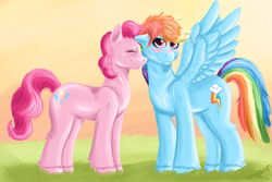 Size: 1200x800 | Tagged: safe, artist:snappsoup, pinkie pie, rainbow dash, g4, blushing, female, lesbian, ship:pinkiedash, shipping, snuggling