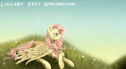 Size: 632x347 | Tagged: safe, artist:chocori, fluttershy, g4, crossed hooves, dandelion, female, grass, lidded eyes, profile, prone, solo, spread wings, title, youtube thumbnail