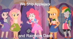 Size: 631x344 | Tagged: safe, edit, edited screencap, screencap, applejack, fluttershy, pinkie pie, rainbow dash, rarity, equestria girls, g4, my little pony equestria girls, female, lesbian, meme, pinkie has a crazy idea, ship:appledash, shipping, text