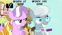 Size: 1280x720 | Tagged: safe, edit, edited screencap, gameloft, screencap, carrot top, diamond tiara, golden harvest, lily, lily valley, silver spoon, g4, caption, crack is cheaper, gem, image macro, tv-y