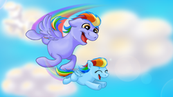 Size: 985x550 | Tagged: safe, artist:frostwillow, rainbow blaze, rainbow dash, g4, filly, flying