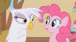 Size: 854x475 | Tagged: safe, screencap, gilda, pinkie pie, griffon, g4, griffon the brush off, youtube caption