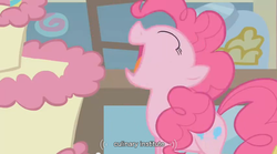 Size: 854x475 | Tagged: safe, screencap, pinkie pie, g4, griffon the brush off, female, solo, youtube caption