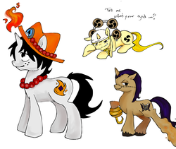 Size: 2028x1710 | Tagged: safe, artist:sahtra91, earth pony, pony, unicorn, amputee, dialogue, enel, hat, hook hand, male, mera mera no mi, one piece, ponified, portgas d. ace, prosthetics, raised hoof, rule 85, sand, sir crocodile, smiling, stallion, stitches