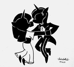Size: 900x818 | Tagged: safe, artist:thewormouroboros, prince blueblood, rarity, human, g4, black and white, dancing, female, grayscale, humanized, male, ship:rariblood, shipping, straight