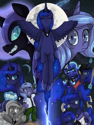 Size: 2700x3600 | Tagged: safe, artist:uc77, nightmare moon, princess luna, gamer luna, moonstuck, g4, action poster, ask, ben 10, blue, calendar of lunas, chubbie, crossover, cute, filly, foal, lunabetes, lunar trinity, mcblob, mecha, moon, multeity, s1 luna, scout (tf2), team fortress 2, too many lunas, tumblr, tumblr ponidox, woona