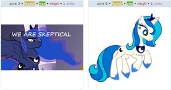 Size: 572x302 | Tagged: safe, dj pon-3, princess luna, vinyl scratch, g4, crystal empire, exploitable meme, female, image macro, juxtaposition, juxtaposition win, meme, palette swap, royal we, s1 luna, skeptical