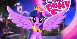 Size: 529x270 | Tagged: safe, screencap, twilight sparkle, alicorn, pony, g4, commercial, crystal princess celebration, cute, female, happy, mare, my little pony logo, solo, spread wings, twiabetes, twilight sparkle (alicorn)