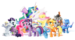 Size: 9275x4964 | Tagged: safe, artist:nicolaykoriagin, angel bunny, applejack, derpy hooves, fluttershy, octavia melody, pinkie pie, princess celestia, rainbow dash, rarity, spike, trixie, twilight sparkle, alicorn, dragon, earth pony, pegasus, pony, rabbit, unicorn, g4, absurd resolution, animal, cello, female, friendship is magic bitch, male, mane seven, mane six, mare, musical instrument, simple background, spread wings, transparent background, wings