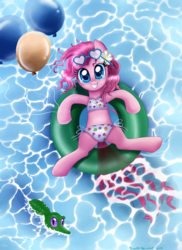 Size: 3894x5359 | Tagged: safe, artist:pridark, gummy, pinkie pie, g4, balloon, bikini, bra, clothes, cute, inner tube, pridark is trying to murder us, sunglasses, swimsuit, water, wet mane