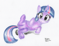 Size: 2000x1556 | Tagged: safe, artist:kuroitsubasatenshi, twilight sparkle, g4, female, filly, filly twilight sparkle, on back, solo, traditional art