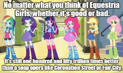 Size: 680x402 | Tagged: safe, applejack, fluttershy, pinkie pie, rainbow dash, rarity, twilight sparkle, equestria girls, g4, cliche, coronation street, eqg promo pose set, equestria girls drama, humane five, humane six, image macro, mane six, soap opera, take that, united kingdom