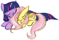 Size: 686x466 | Tagged: safe, artist:itena, fluttershy, twilight sparkle, pegasus, pony, unicorn, g4, cuddling, female, floppy ears, lesbian, mare, ship:twishy, shipping, simple background, sleeping, transparent background, unicorn twilight