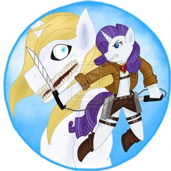 Size: 894x894 | Tagged: safe, artist:asinglepetal, prince blueblood, rarity, titan, g4, attack on titan, crossover, glasgow smile, ponified