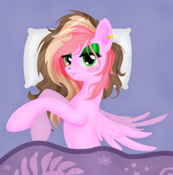 Size: 571x579 | Tagged: dead source, safe, artist:humana58, oc, oc only, pegasus, pony, bed, blushing, eyeshadow, female, looking at you, lying down, lying on bed, makeup, mare, morning ponies, on bed, pillow, solo