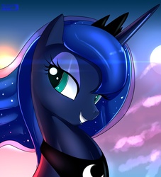 Size: 2073x2282 | Tagged: dead source, safe, artist:skyart301, princess luna, alicorn, pony, bust, crown, female, grin, high res, horn, jewelry, lidded eyes, looking back, mare, moon, portrait, regalia, sky, smiling, solo, sunset