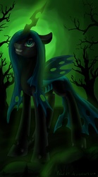 Size: 2000x3600 | Tagged: safe, artist:1nakir1, queen chrysalis, changeling, changeling queen, g4, female, glowing horn, grin, horn, solo