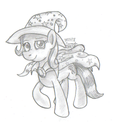 Size: 427x468 | Tagged: safe, artist:inurantchan, trixie, pony, unicorn, g4, bedroom eyes, clothes, female, looking at you, mare, monochrome, pencil drawing, simple background, smiling, solo, traditional art, white background