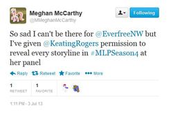 Size: 508x335 | Tagged: safe, g4, season 4, amy keating rogers, everfree northwest, joke, meghan mccarthy, text, twitter