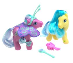 Size: 500x433 | Tagged: safe, meadowbrook (g3), toola-roola, wing wishes (g3), earth pony, pony, g3, official, beta toola roola, brush, duo, duo female, female, irl, photo, simple background, stock image, toy, white background