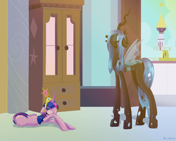 Size: 1280x1024 | Tagged: dead source, safe, artist:lairai, queen chrysalis, twilight sparkle, alicorn, changeling, changeling queen, pony, g4, big crown thingy, female