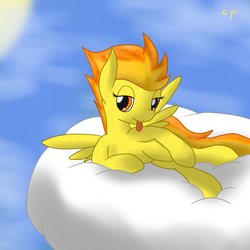 Size: 2600x2600 | Tagged: safe, artist:flashiest lightning, spitfire, pegasus, pony, g4, cloud, cloudy, female, lounging, mare, solo