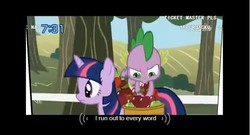 Size: 641x346 | Tagged: safe, edit, edited screencap, screencap, spike, twilight sparkle, applebuck season, friendship is magic, g4, chat, japanese dub, tomodachi wa mahou, youtube caption