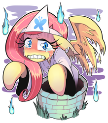 Size: 1750x2000 | Tagged: safe, artist:gashi-gashi, fluttershy, ghost, ghost pony, pegasus, pony, g4, commission, crying, female, floppy ears, flutterghost, gritted teeth, looking at you, mare, okiku, sadako, solo, spread wings, teary eyes, the ring, three quarter view, triangular headpiece, wavy mouth, well, wings