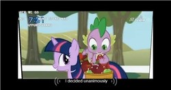 Size: 640x338 | Tagged: safe, edit, edited screencap, screencap, spike, twilight sparkle, dragon, pony, unicorn, applebuck season, g4, apple, caption, chat, dragons riding ponies, female, food, japanese dub, mare, riding, text, tomodachi wa mahou, tree, youtube caption