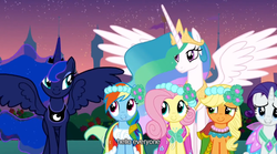 Size: 640x355 | Tagged: safe, screencap, applejack, fluttershy, princess celestia, princess luna, rainbow dash, rarity, a canterlot wedding, g4, mlp-captions, youtube caption