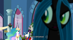 Size: 640x355 | Tagged: safe, screencap, princess celestia, queen chrysalis, shining armor, changeling, changeling queen, a canterlot wedding, g4, my little pony: friendship is magic, female, mlp-captions, youtube caption