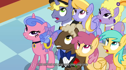 Size: 640x355 | Tagged: safe, edit, edited screencap, screencap, cloud kicker, dizzy twister, lyrica lilac, orange swirl, ponet, royal ribbon, sealed scroll, sunshower raindrops, earth pony, pegasus, pony, unicorn, a canterlot wedding, g4, my little pony: friendship is magic, background pony audience, caption, clothes, crowd, female, hat, male, mare, ribbon, rose, saddle, stallion, suit, tack, text, top hat, youtube caption