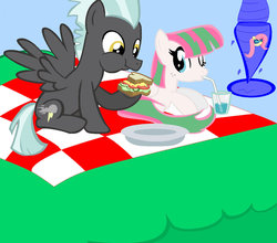 Size: 1024x902 | Tagged: safe, artist:artsy-kitten, blossomforth, thunderlane, g4, hurricane fluttershy, backwards cutie mark, female, male, picnic, sandwich, ship:blossomlane, shipping, straight